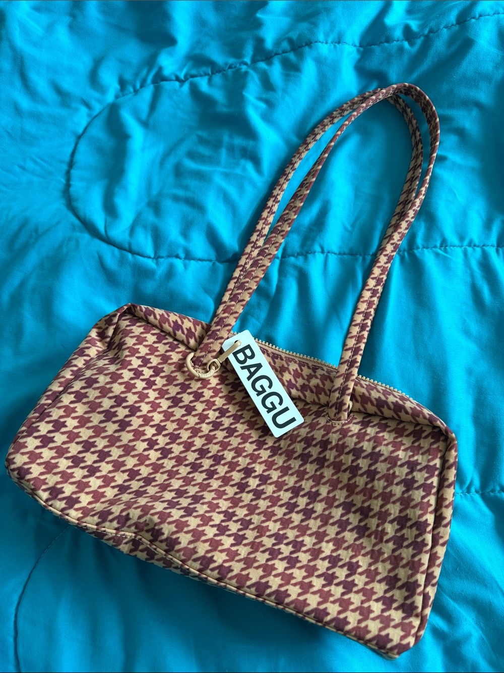 BAGGU Tan Houndstooth regular Bowler Bag
